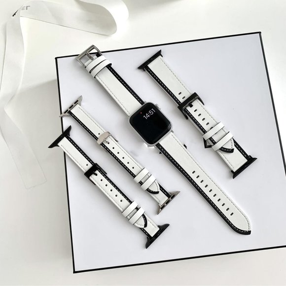 Luxury black and white watch band genuine leather watch band for apple series 1 - Picture 1 of 3